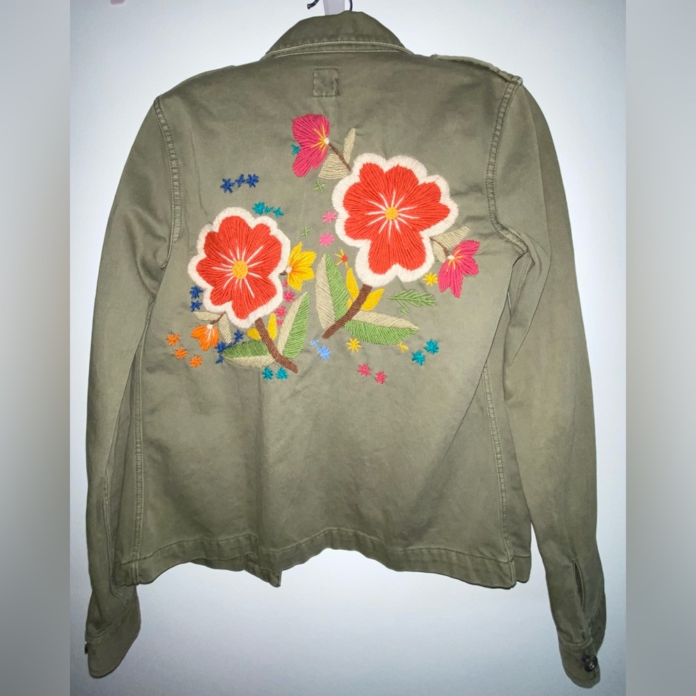 Lucky Brand Khaki Olive Green Utility Jacket Vibrant Floral Embroidered SMALL S